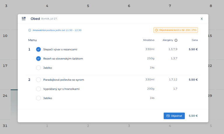 objednávka jedla cez stravovací systém